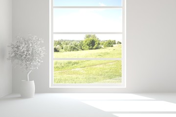 Naklejka na ściany i meble White empty room with green landscape in window. Scandinavian interior design. 3D illustration