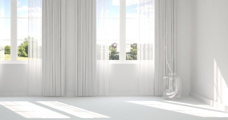 Obraz na płótnie Canvas White empty room with green landscape in window. Scandinavian interior design. 3D illustration
