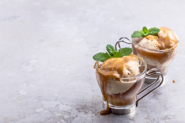 Cold brew iced coffee with caramel sauce