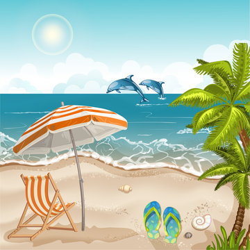Illustration of a seashore with a beach umbrella and chair