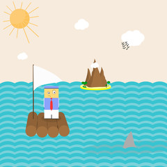 Funny flat vector illustration of the man with a red tie on a boat surprisingly looking at the sharks fin sticking out of the water and island, sun, clouds and birds on the background