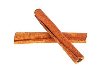 Two cinnamon sticks isolated on white background, Spices