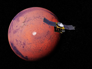 Fototapeta premium planet Mars exploration, MAVEN space probe in front of the martian south pole