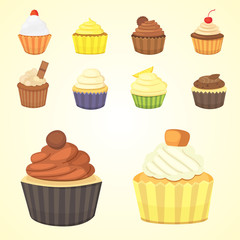 Set of cute vector cupcakes and muffins. Colorful cupcake isolated for food poster design.