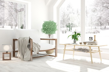 White room with armchair and winter landscape in window. Scandinavian interior design. 3D illustration