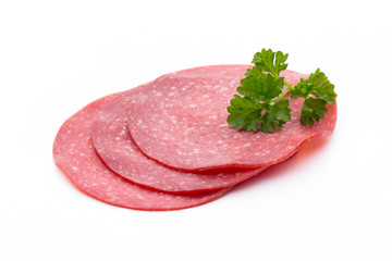 Salami smoked sausage one slice isolated on white background cutout.