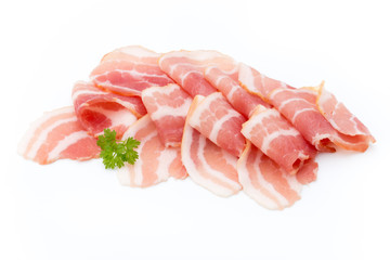 Bacon isolated on white background. Delikatese food.