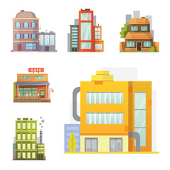 Flat design of retro and modern city houses. Old buildings, skyscrapers. colorful cottage building, cafe house.