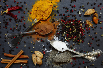 Photographed spices on gray stone, food and drink