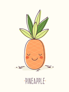 Cute Cartoon Pineapple Vector Illustration. 