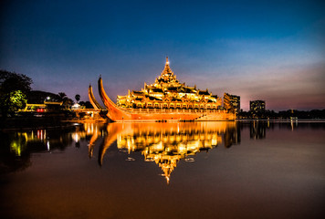 Karaweik Palace in Kandawgyi Royal Lake. Yangon, Myanmar.