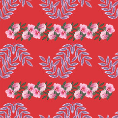 Seamless floral pattern painted by hand. Cute simple pink flowers and fresh twigs. Floral vintage background for textile, cover, wallpaper, gift packaging, printing.