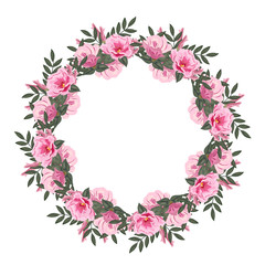 Beautiful floral wreath with lovely light blue flowers and fresh sprigs. Template for greeting cards, invitations, weddings, Valentine's Day, birthdays. Vector illustration drawn by hand.