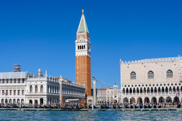 St Mark Campanile bell tower, San Marco Square, Doge Palace viewed from Grand Canal, Venice,  Italy
