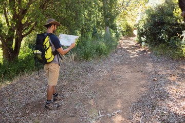 Man reading the map while walking in the forest
