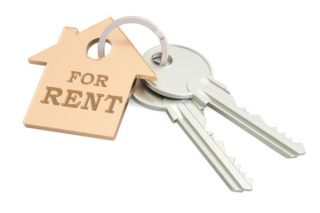 For rent concept, key with keychain, 3D rendering