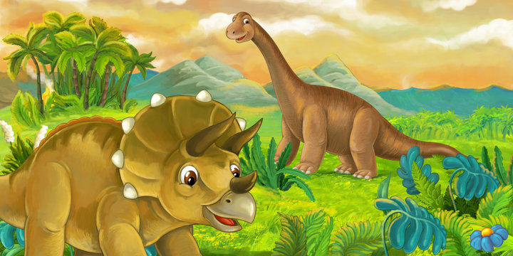 cartoon nature floral scene with hills and diplodocus and triceratops