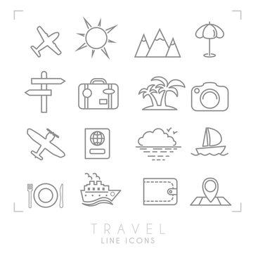 Outline thin travel and vacation icons set. Airplane, sun, umbrella, suitcase, palms, photo camera, pass, sea horizon, yacht, ship, wallet, map and points, wooden arrows, mountains.