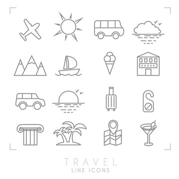 Outline travel line icons set. Airplane, sun, bus, cloud horizon, mountains, yacht, hotel, rent car, luggage, do not disturb message, ionic column, palms, map with points, cocktail and ice cream.