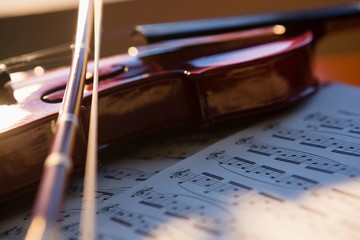 Close up of violin with sheet music