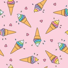 Pastel ice cream seamless pattern with cute hearts on pink background