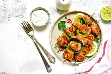 Grilled salmon kebab.Top view.