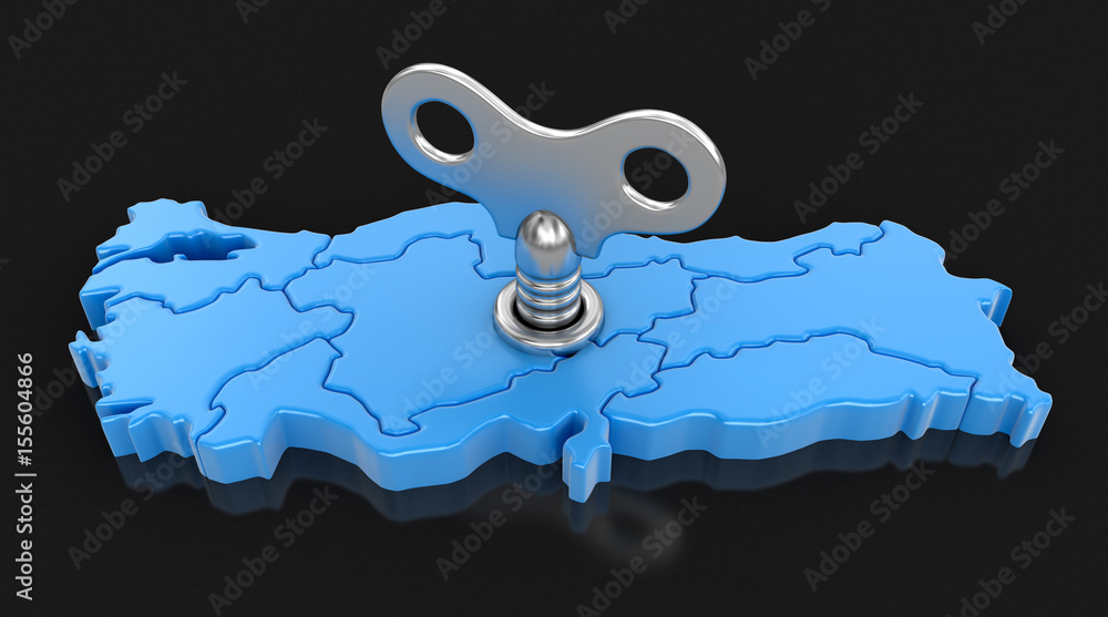 Poster map of turkey with winding key. image with clipping path.