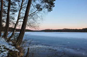 Calm evening on the frozen lake shore. Dawn light in the sky. Early spring nature landscape