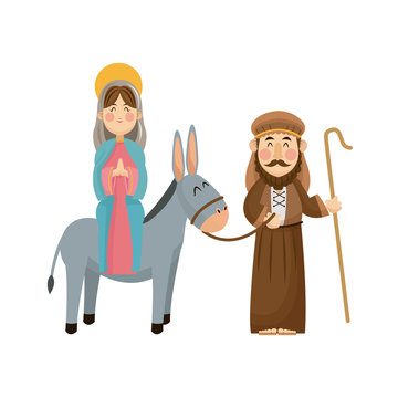 Virgin Mary Joseph Donkey Scene Nativity Vector Illlustration