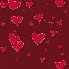 Random red paper hearts. Scatter horizontal lines on wine red background. Vector illustration.