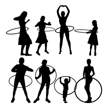 Young Fitness Woman with Hula Hoop Silhouettes, art vector design