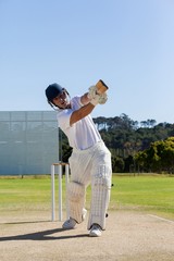 Obraz premium Cricket player batting on field against sky