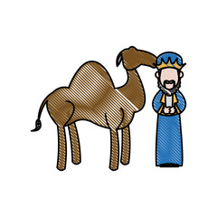 cartoon wise king with camel manger characters vector illustration