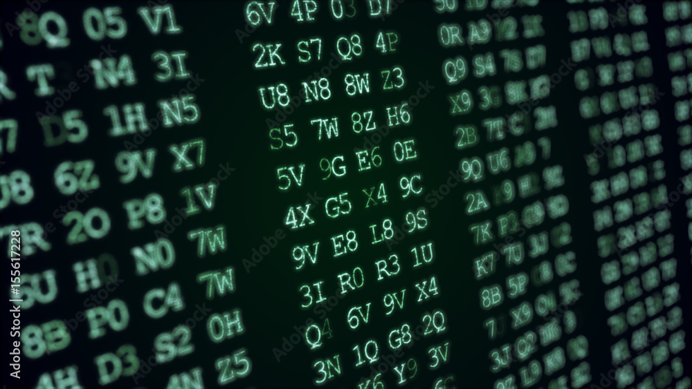 Poster hexadecimal abstract green code running up a computer screen.