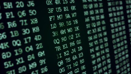 Hexadecimal abstract green code running up a computer screen.