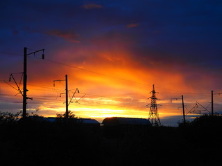 Railroad freight cars. Beautiful sunrise.