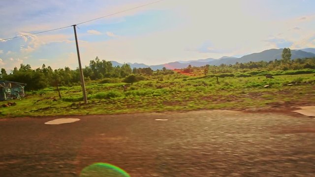 Camera Moves along Shady Sunny Road among Rural Landscape