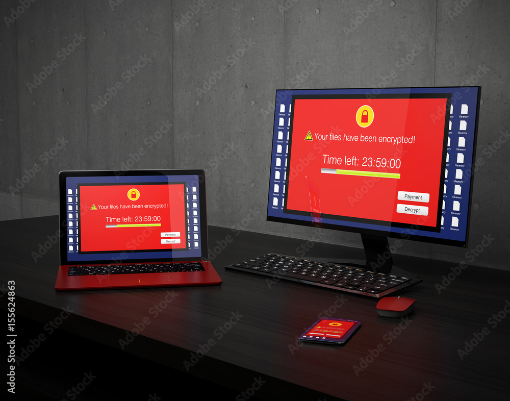Poster screen of laptop, desktop pc and smartphone showing alert that the devices were attacked by ransomwa