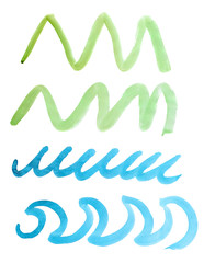 Wavy lines of greenery and cyan colors and forms hand-painted watercolor