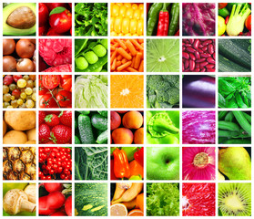 Collage of vegetables, berries and fruits as background