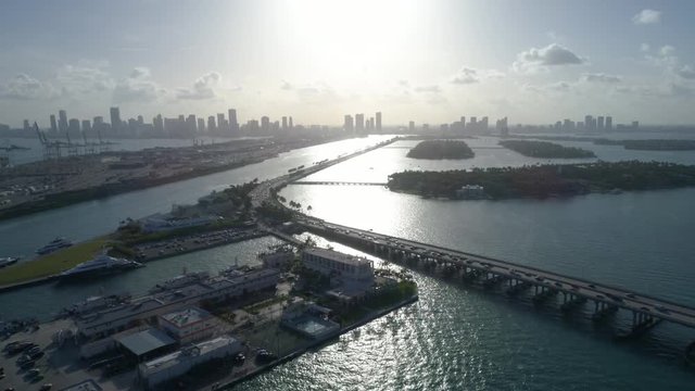Aerial sunset over Miami Biscayne Bay 4k 60p