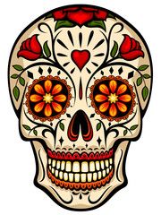 Vector illustration of an ornately decorated Day of the Dead sugar skull, or calavera.