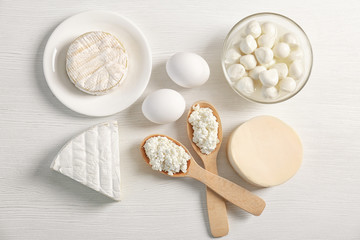 Dairy products on table, top view