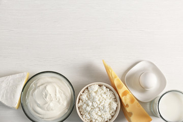 Dairy products on table, top view