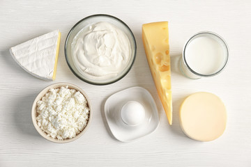 Dairy products on table, top view