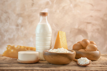 Set of different dairy products on table