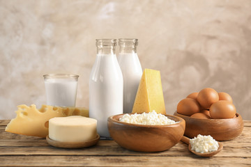 Set of different dairy products on table