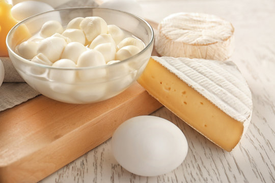 Dairy products on table, closeup