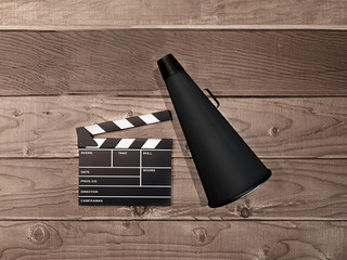 clapper and horn on a white background