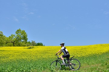 Fototapeta na wymiar マウンテンバイク・青空と花の高原 を走る